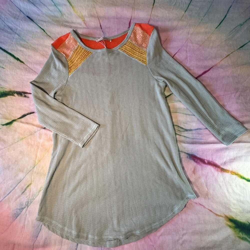 Ces Femme Light Aqua Blue Long Sleeve Top with Orange and Yellow Accents